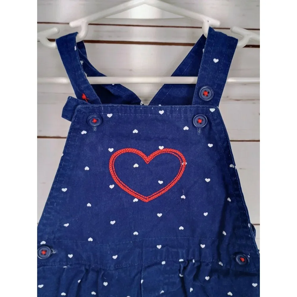 Child Of Mine Made By Carter's Girls Navy Polka Dot Red Heart Overall Dress Size